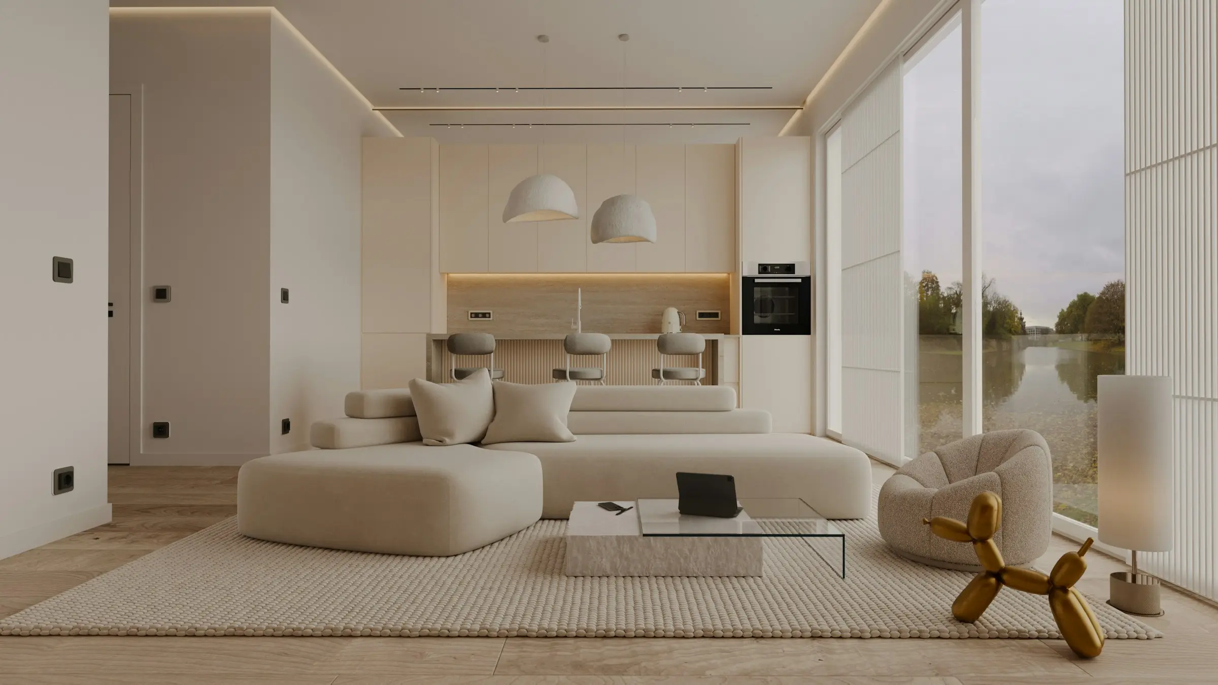 Minimal living room in soft neutral tones with a large window